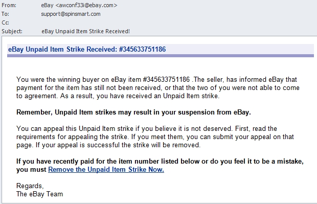 eBay Phishing Message Received in Wichita